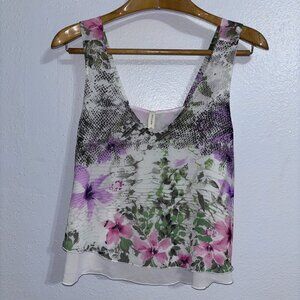 Tyche‎ Floral Layered Chiffon Tank Top Medium Pink Green White Sleeveless Blouse